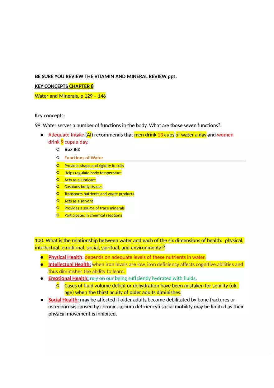 Key Concepts Chapter 8 Water and Minerals - Page 1