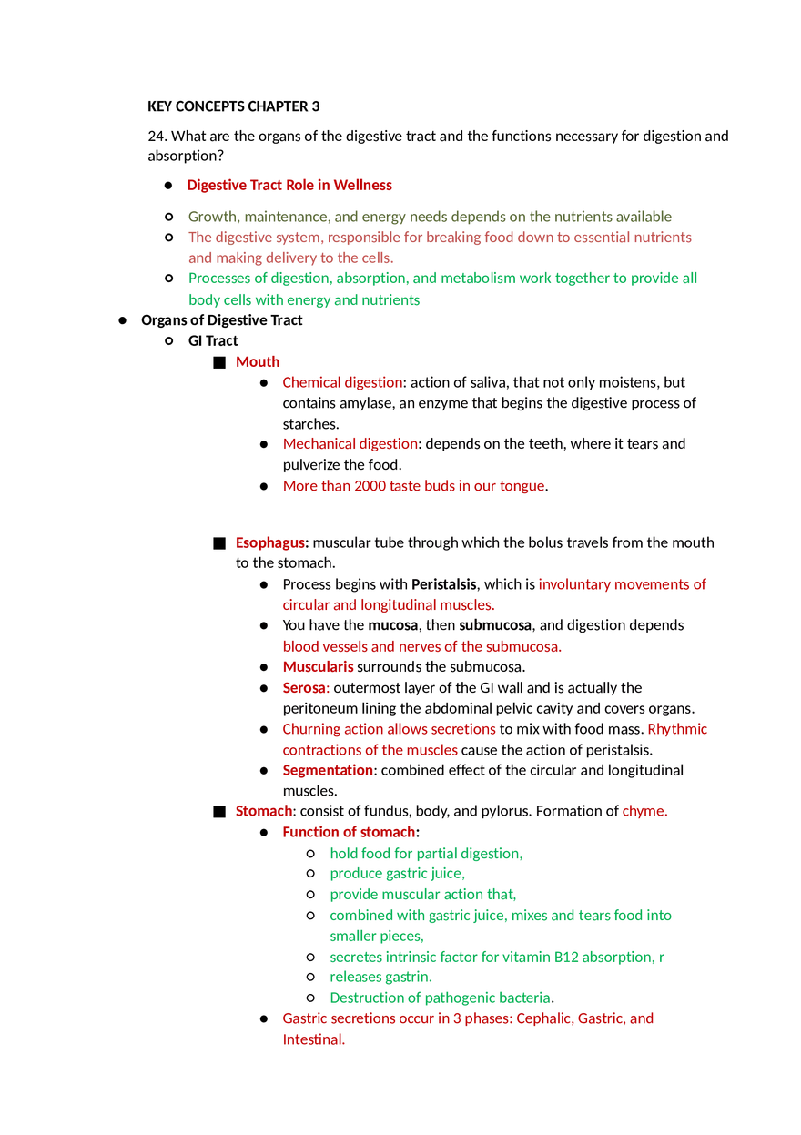 Key Concepts Chapter 3 Digestive Tract - Page 1