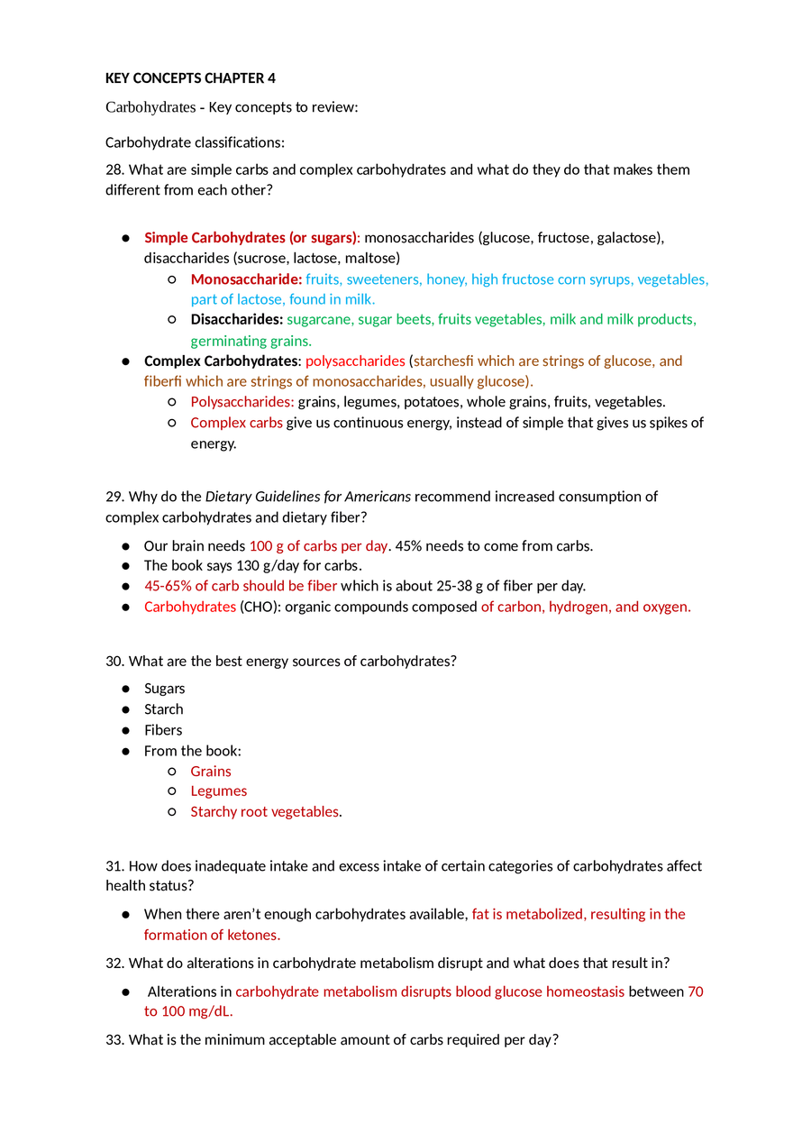 Key Concepts Chapter 4 Carbohydrates - Page 1