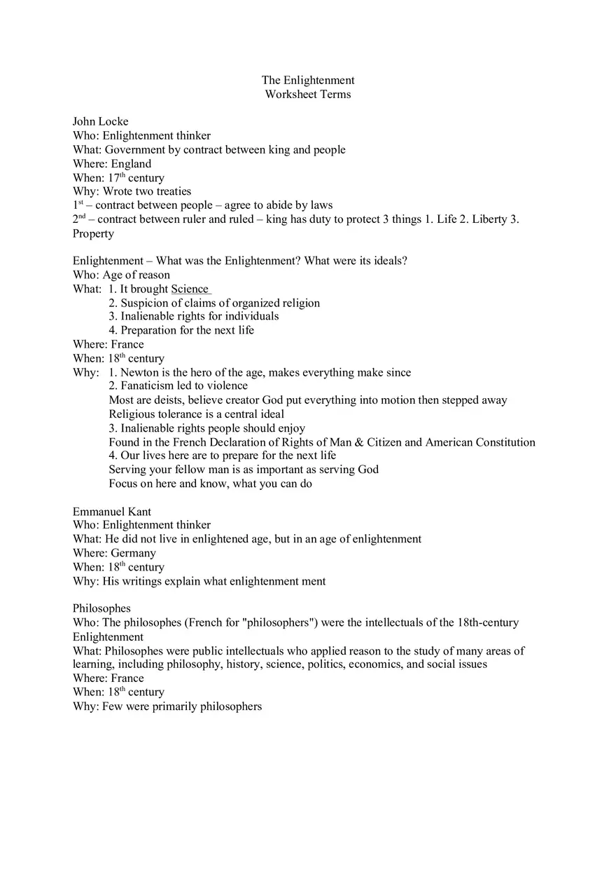 The Enlightenment Worksheet Terms - Page 1