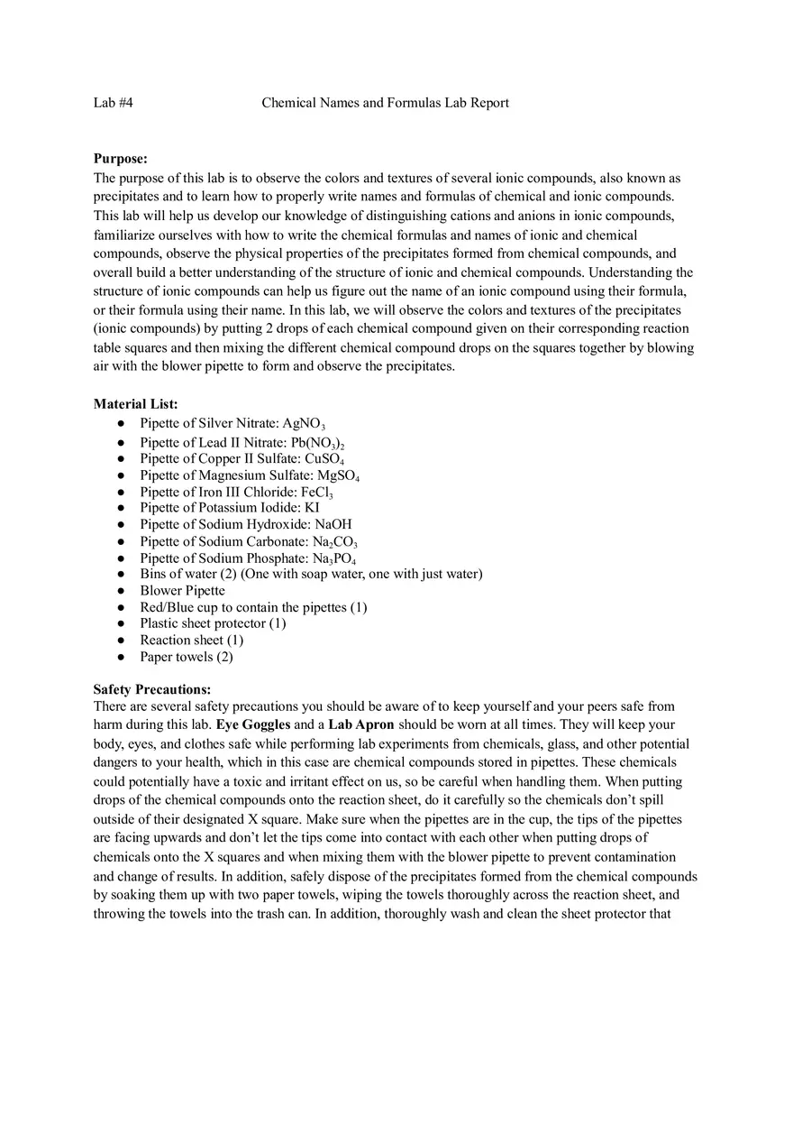 Chemical Names and Formulas Lab Report - Page 1