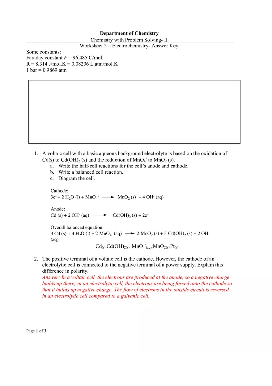 Worksheet 2 Electrochemistry - Answer Key - Page 1