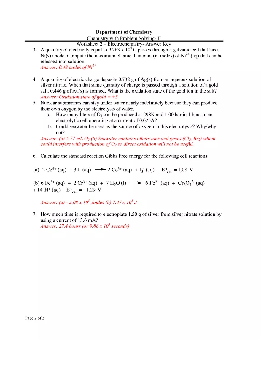 Worksheet 2 Electrochemistry - Answer Key - Page 2