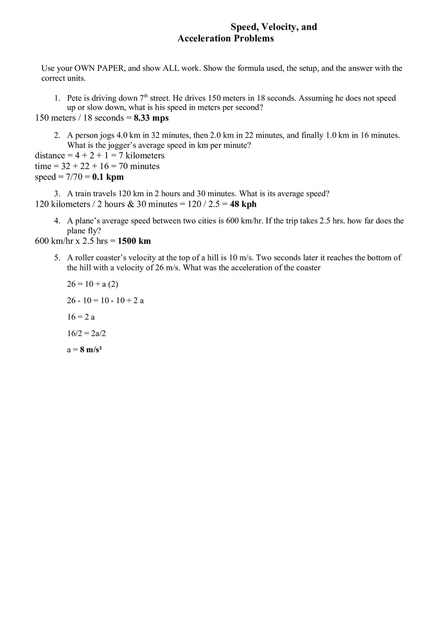 Speed, Velocity, and Acceleration Problems Key - Page 1
