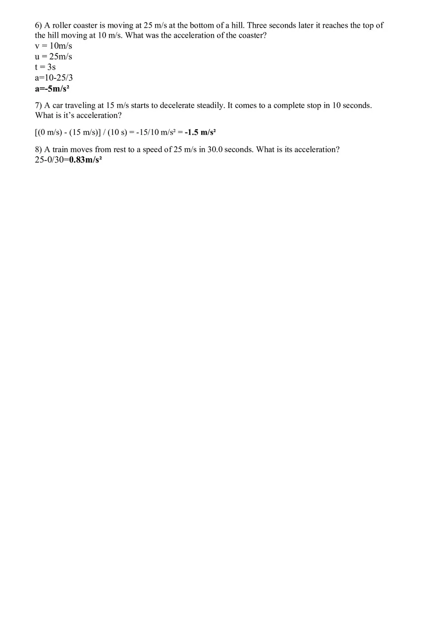 Speed, Velocity, and Acceleration Problems Key - Page 2