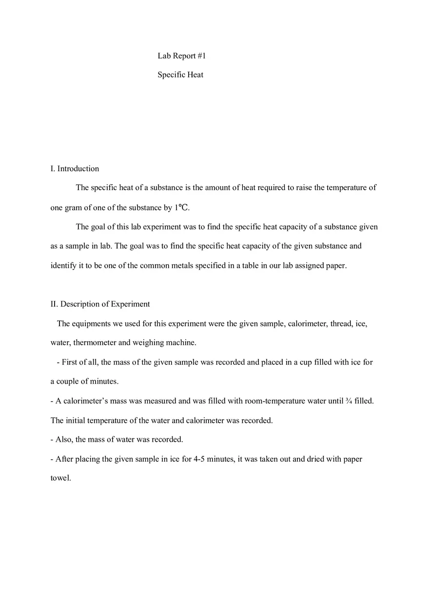 Lab Report  1 Specific Heat - Page 1