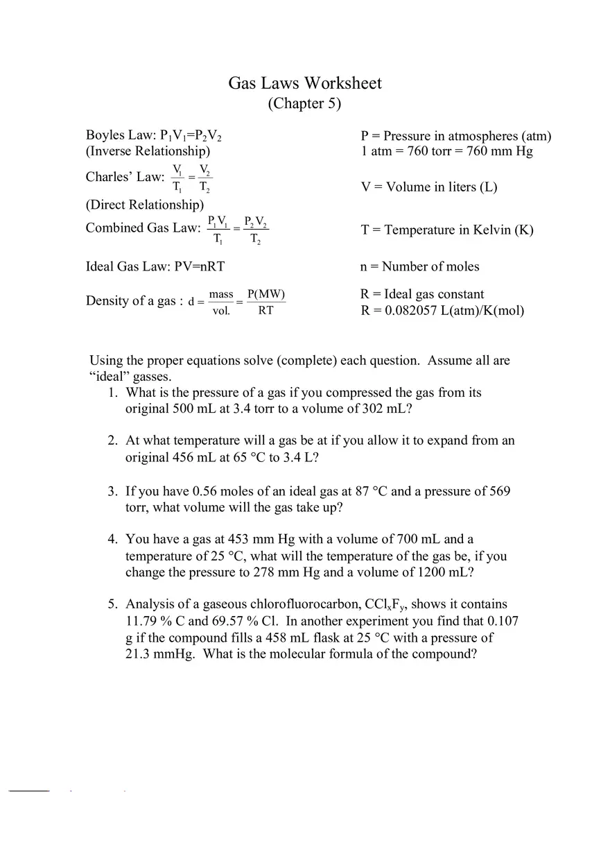 Gas Laws Worksheet (Chapter 5) - Page 1