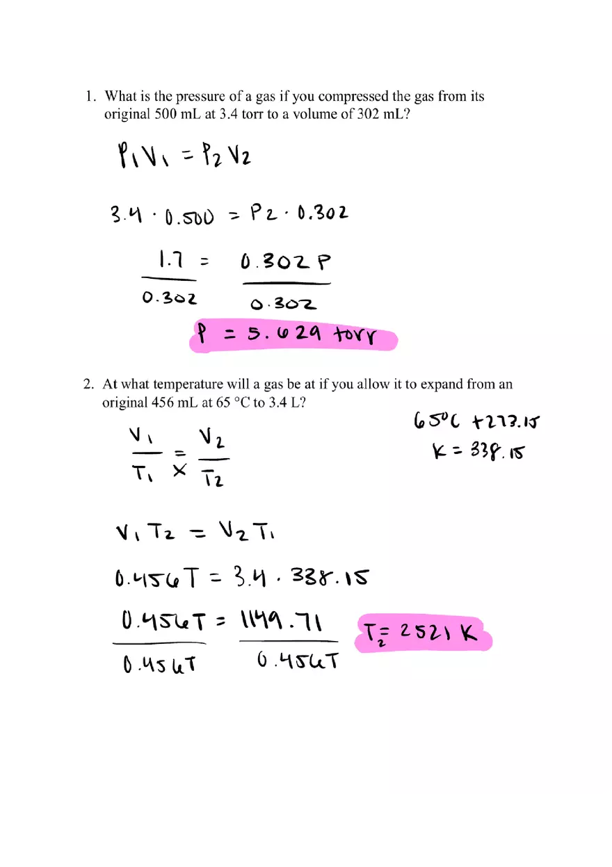 Gas Laws Worksheet (Chapter 5) - Page 2