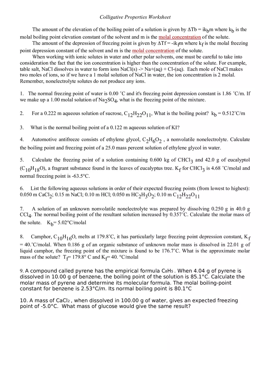 Colligative Properties Worksheet - Page 1