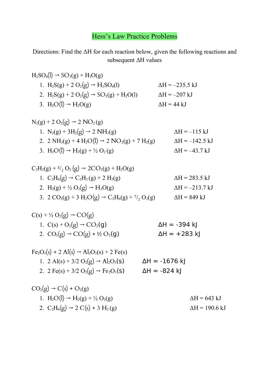 Hess’s Law Practice Problems - Page 1
