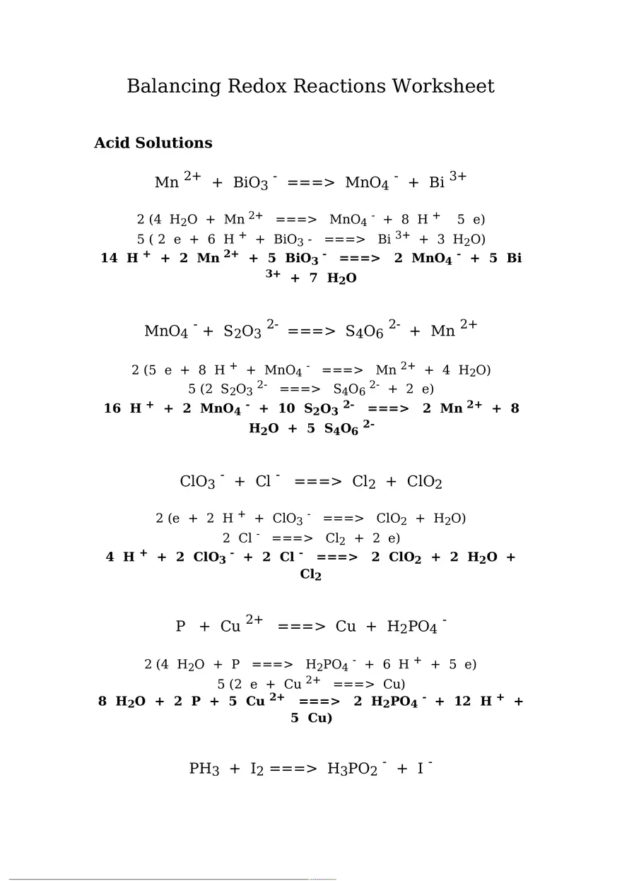 Balancing Redox Reactions Worksheet - Page 1