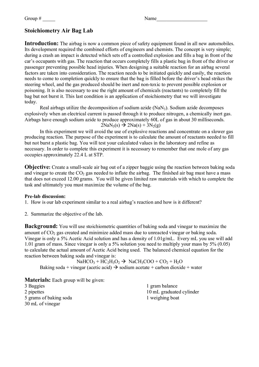 Stoichiometry Air Bag Lab - Page 1