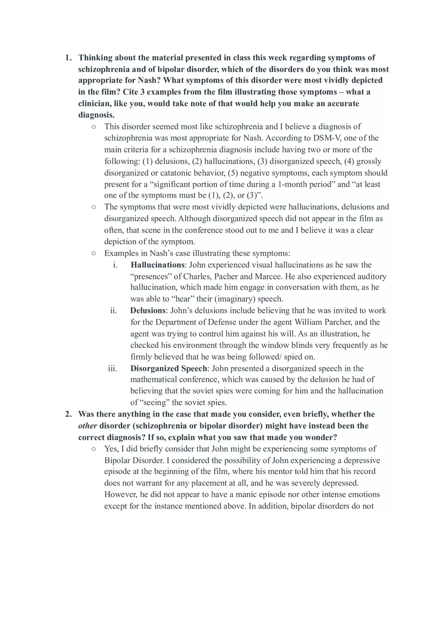 A Beautiful Mind Psychology Assignment - Page 1