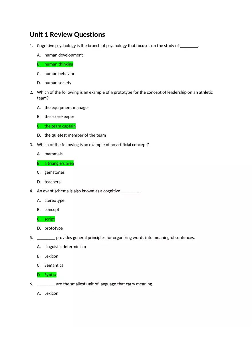 Psychology Unit 1 Review Questions - Page 1