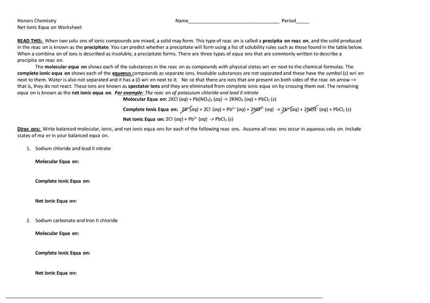 Net Ionic Equation Worksheet - Answers - Page 1