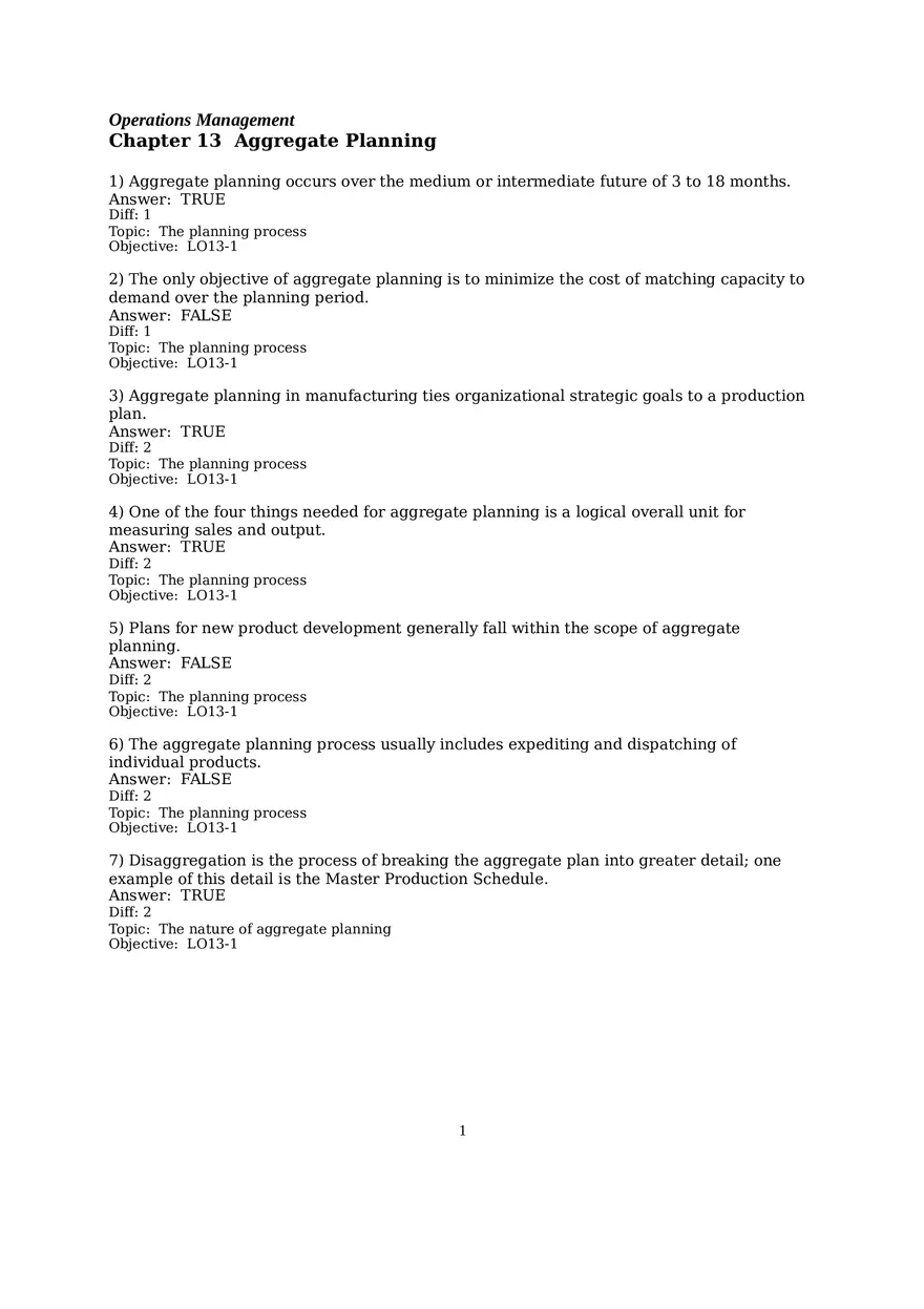 Chapter 13  Aggregate Planning True False - Page 1