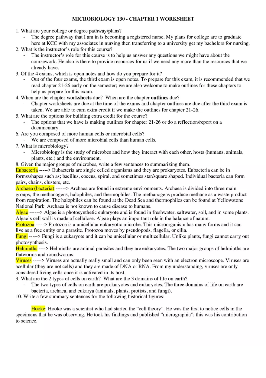Microbiology - Chapter 1 Worksheet - Page 1