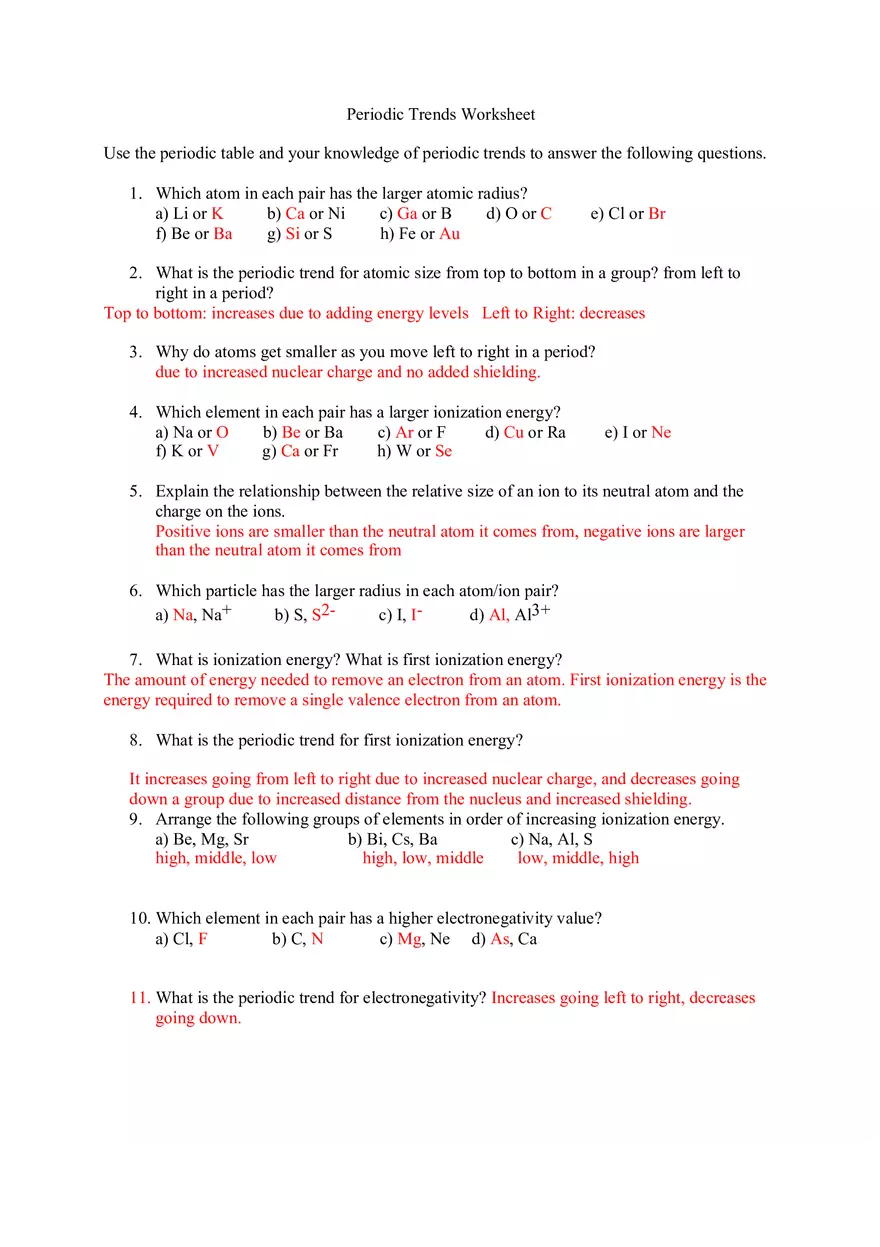Periodic Trends Worksheet Key - Page 1