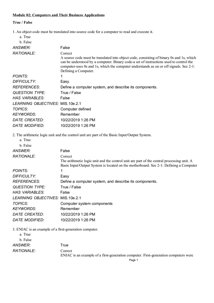 Computers and Their Business Application True False - Page 1