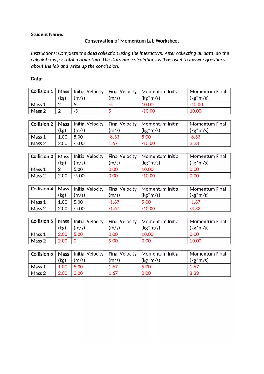 Conservation of Momentum Lab Worksheet - Page 1