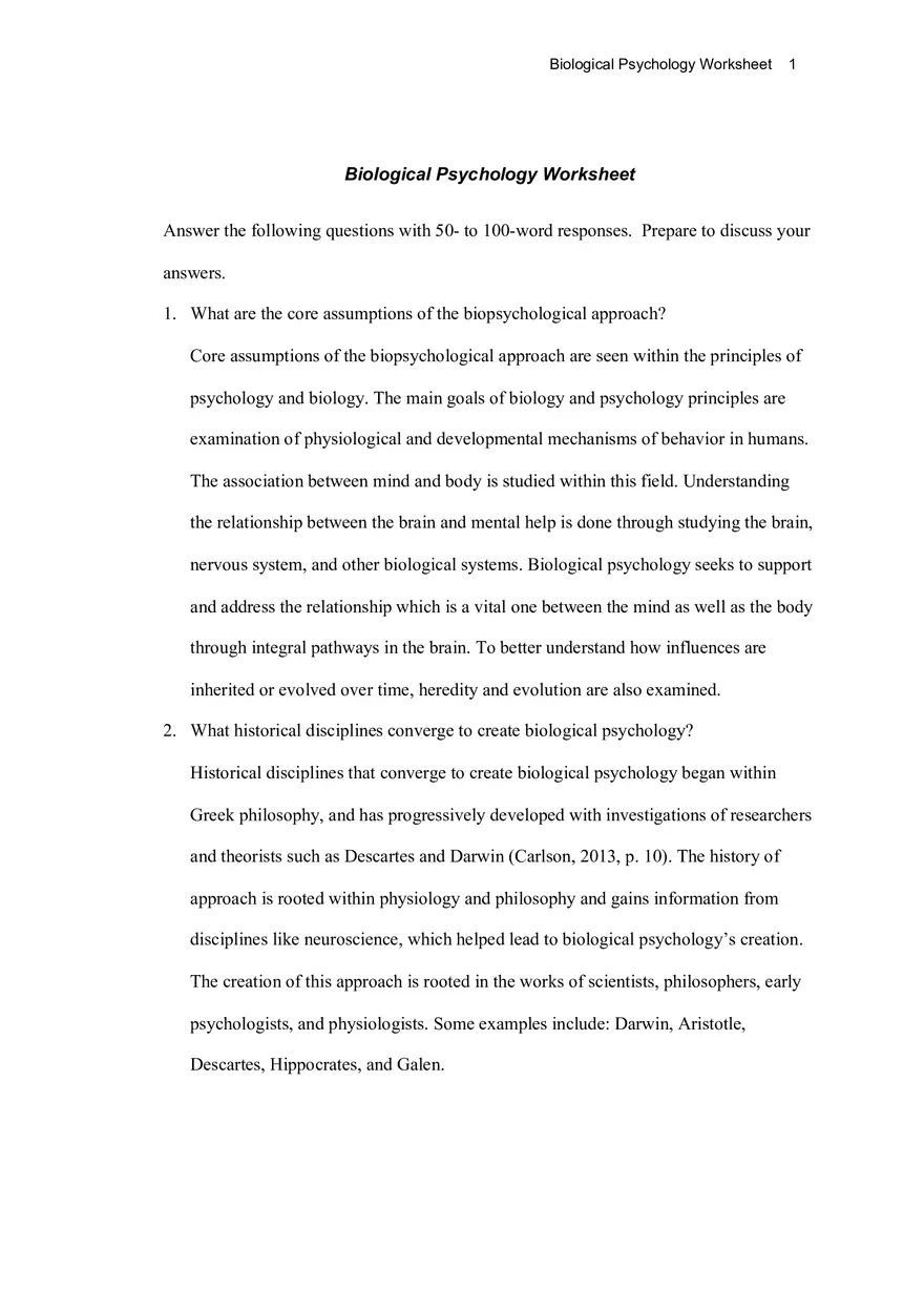 Biological Psychology Worksheet - Page 1