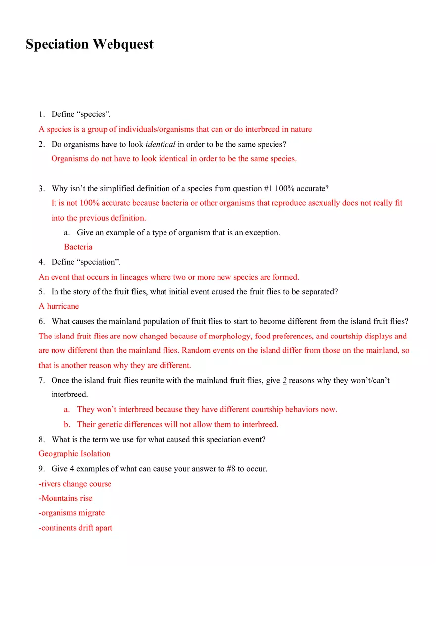 Speciation Webquest - Page 1