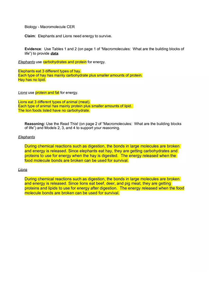 Biology - Macromolecule CER Answers - Page 1