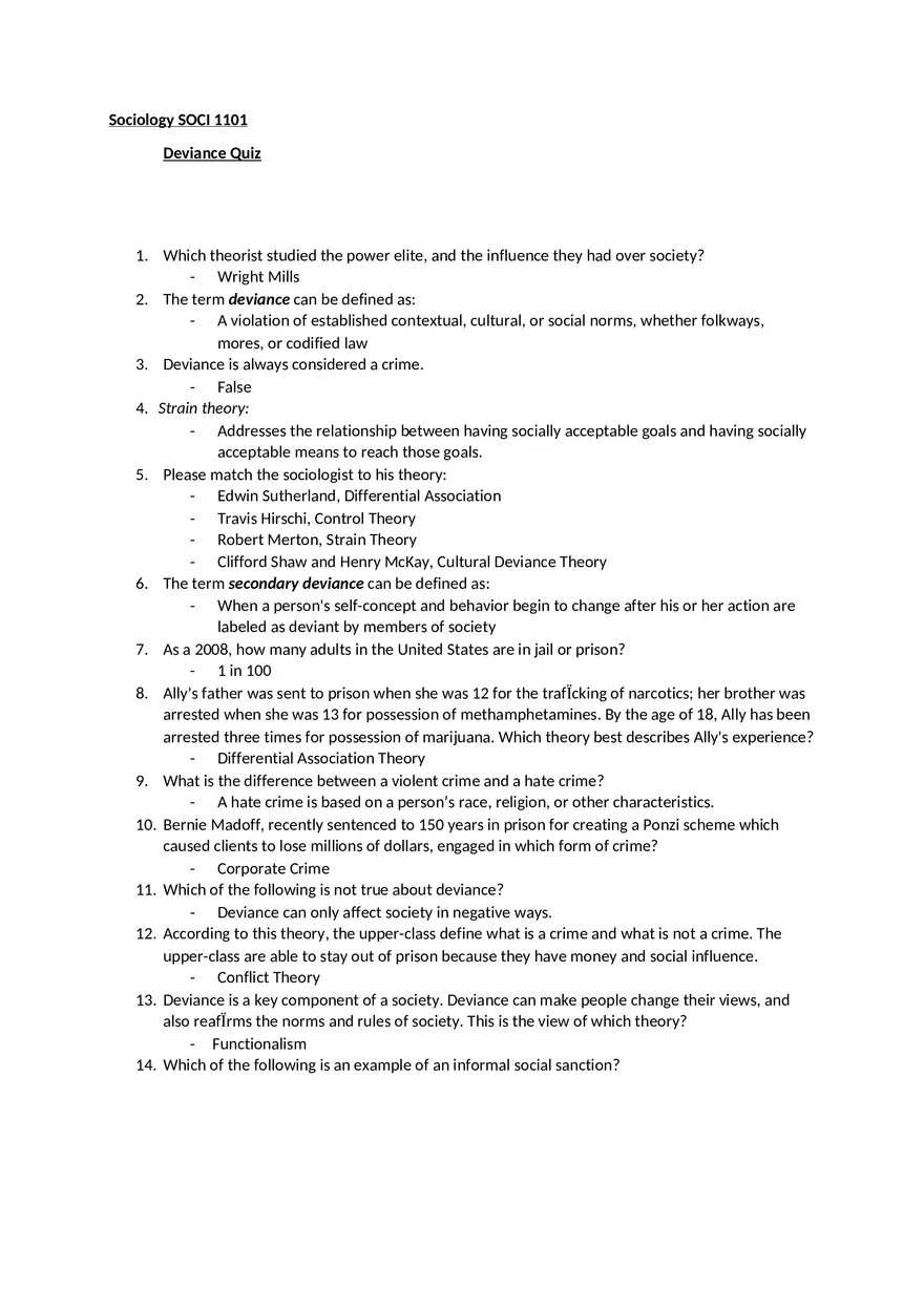 Sociology Deviance Quiz - Page 1