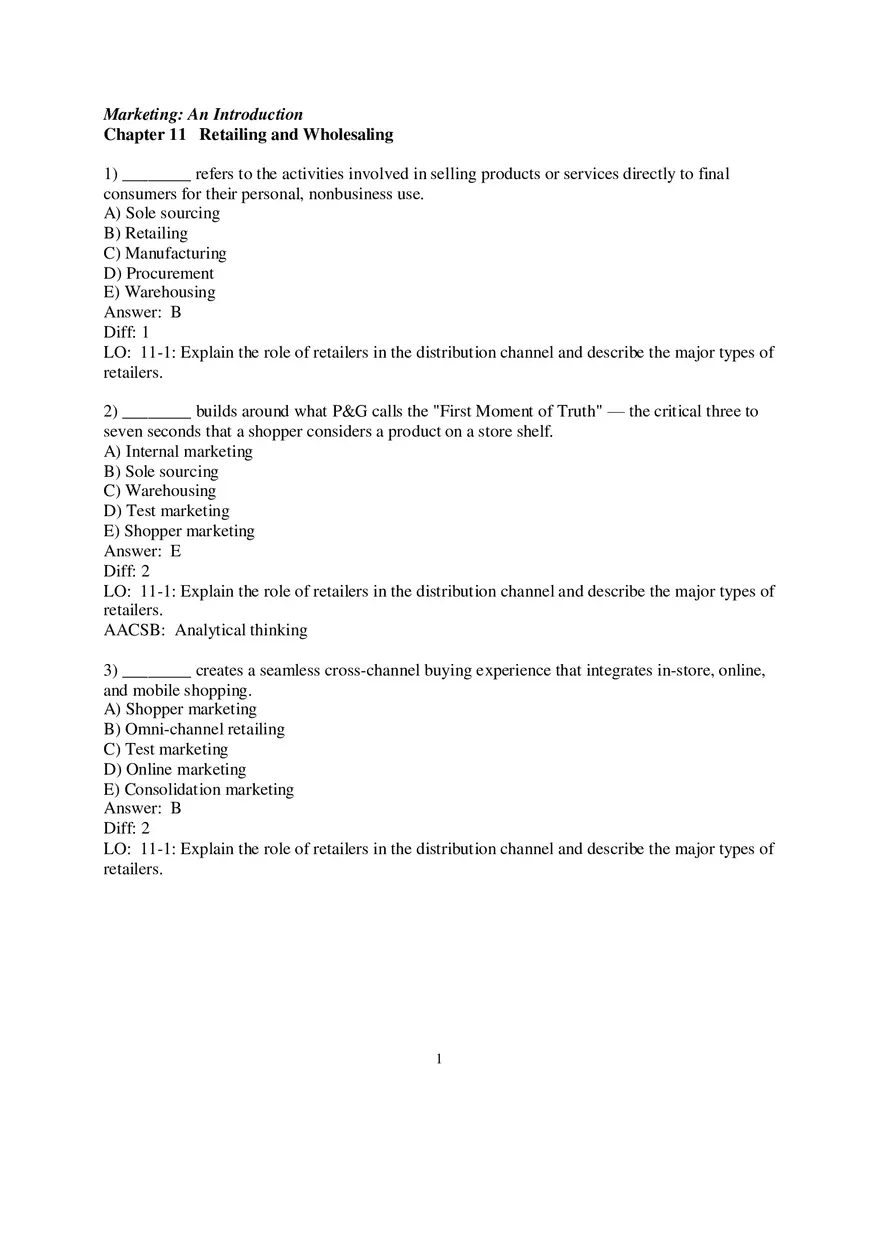 Chapter 11 Retailing and Wholesaling Answers Part 1 - Page 1