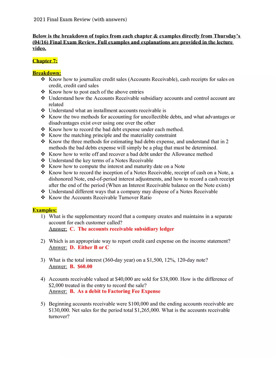 Accounting 2021 Final Exam Review (with Answers) - Page 1