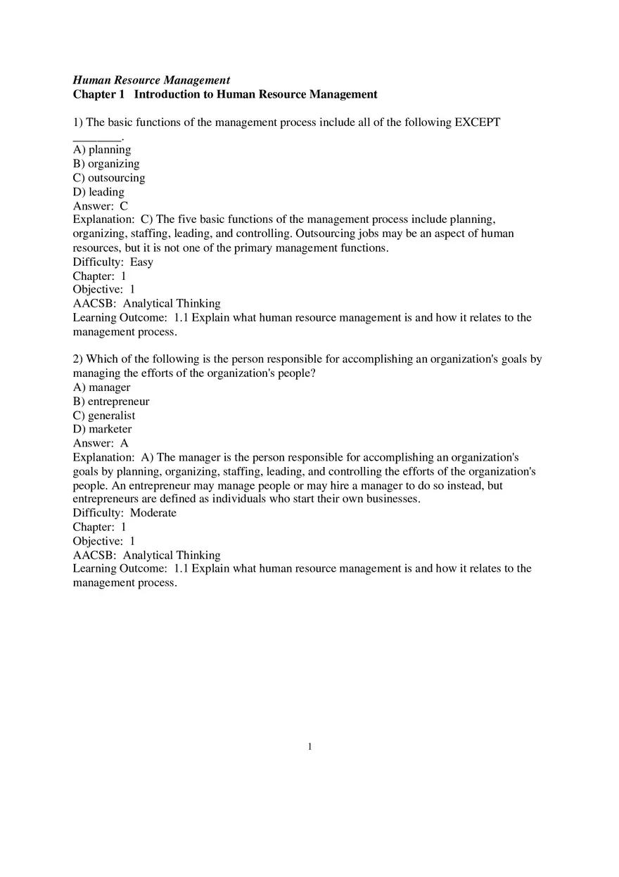 Chapter 1 Introduction to Human Resource Management Multiple Choice 1 - Page 1