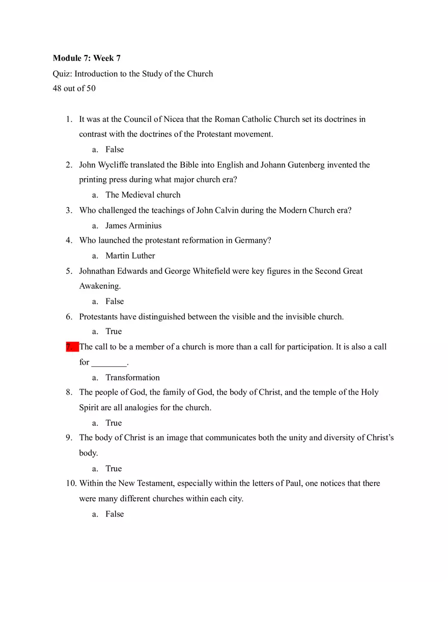 Module 7 Quiz Introduction to the Study of the Church - Page 1