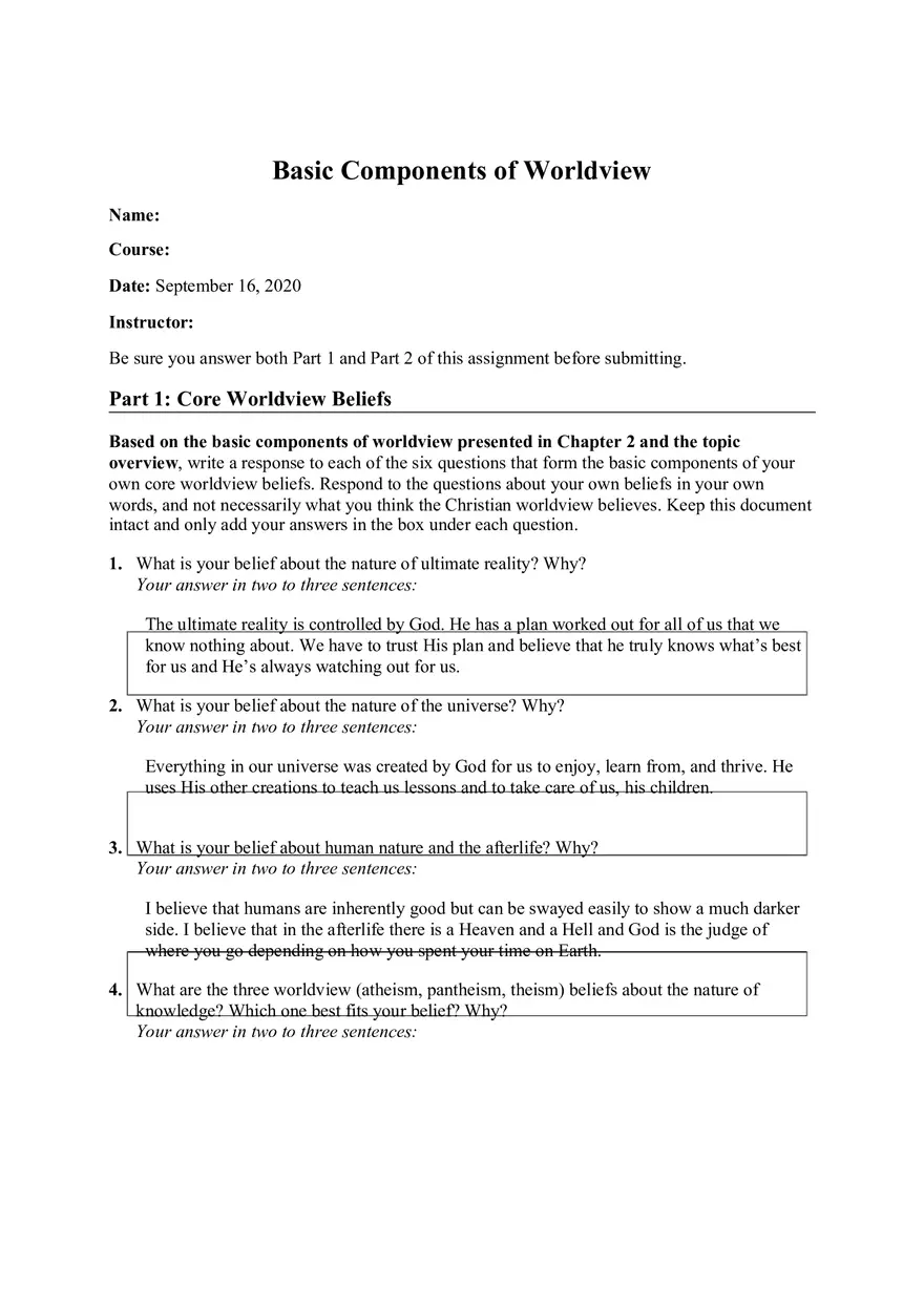 Basic Components of Worldview Answers - Page 1