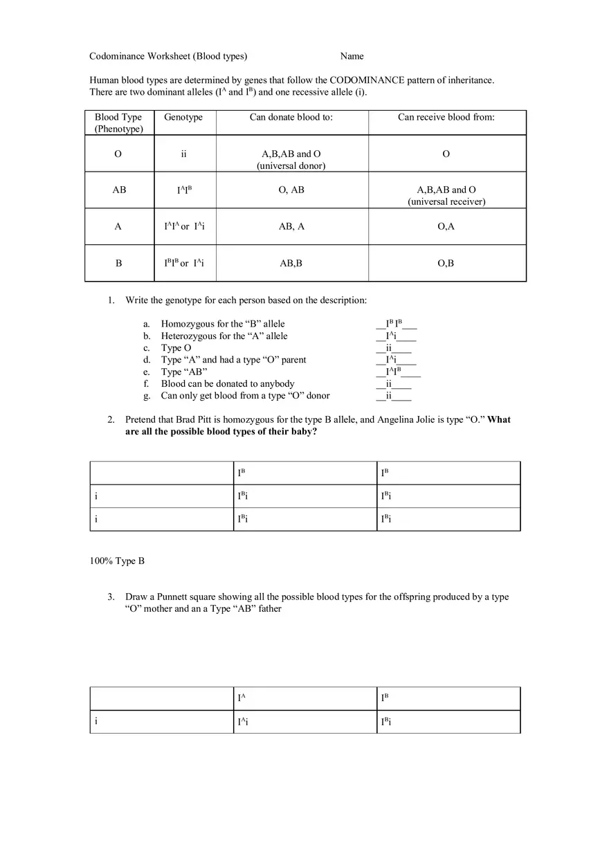 Codominance Worksheet (Blood Types) - Page 1