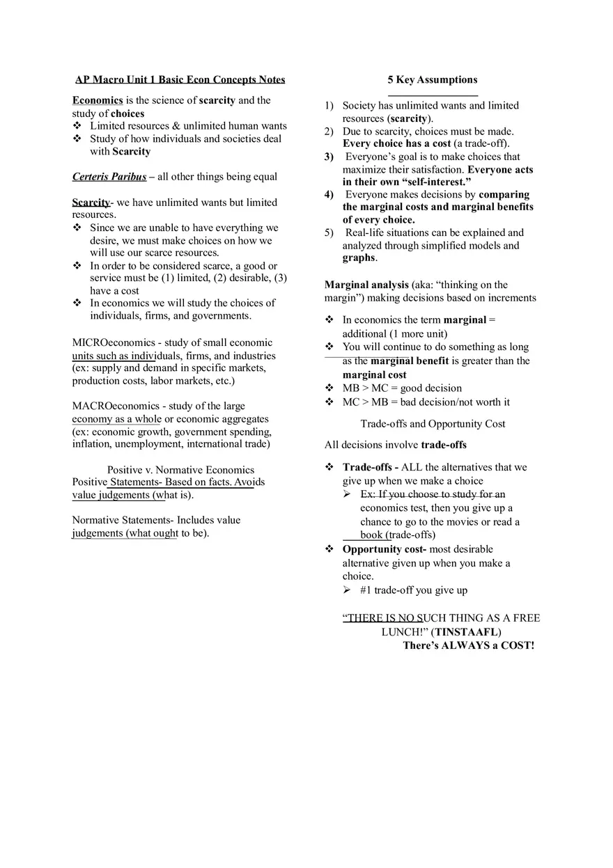 Macro Unit 1 Basic Econ Concepts Notes - Page 1