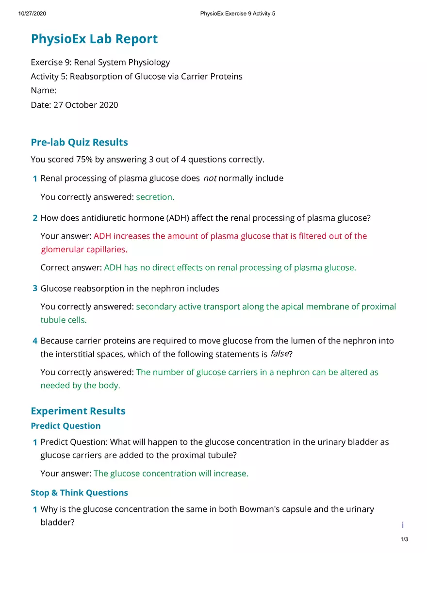 Reabsorption of Glucose via Carrier Proteins - Page 1