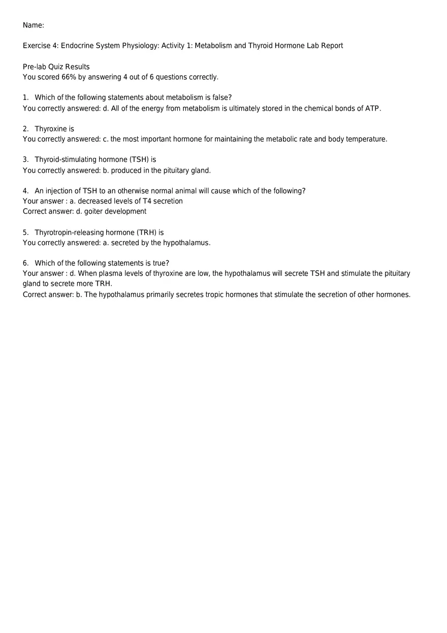 Metabolism and Thyroid Hormone Lab Report - Page 1