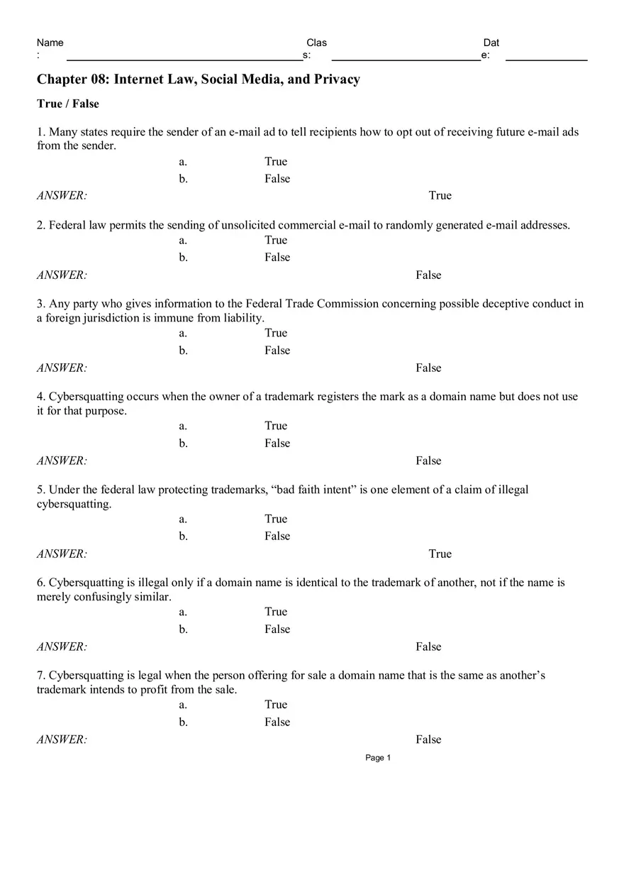 Chapter 08 Internet Law, Social Media, and Privacy - Page 1