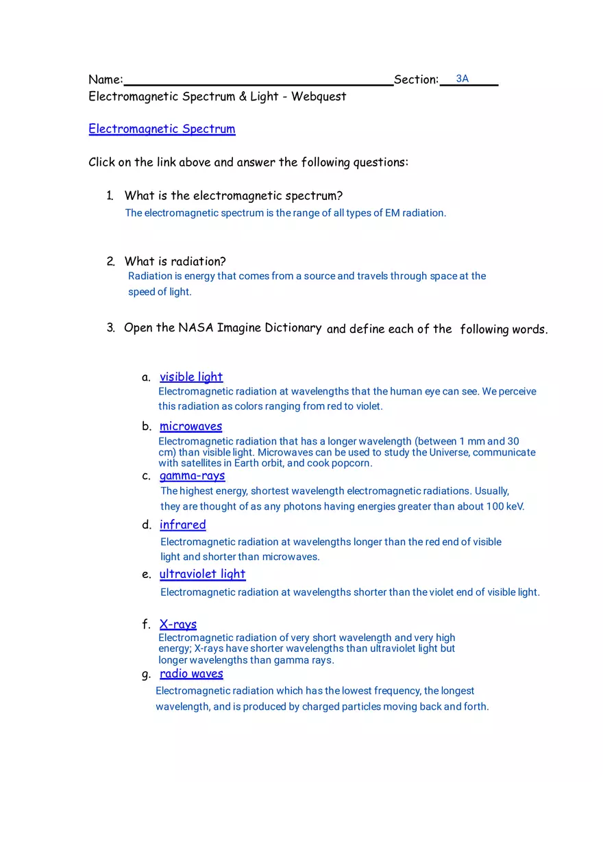 Electromagnetic Spectrum & Light - Webquest - Page 1