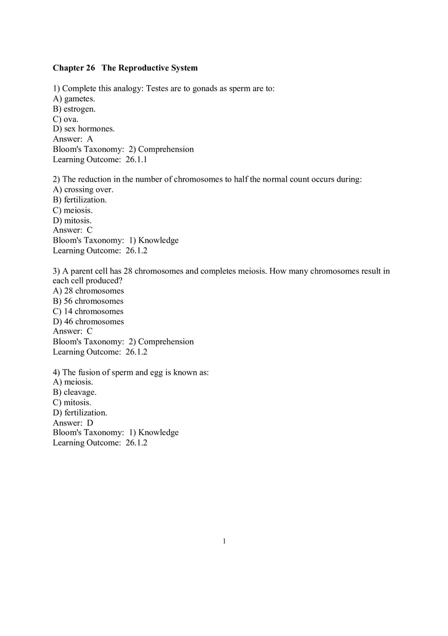 Chapter 26 The Reproductive System Answers Part 1 - Page 1