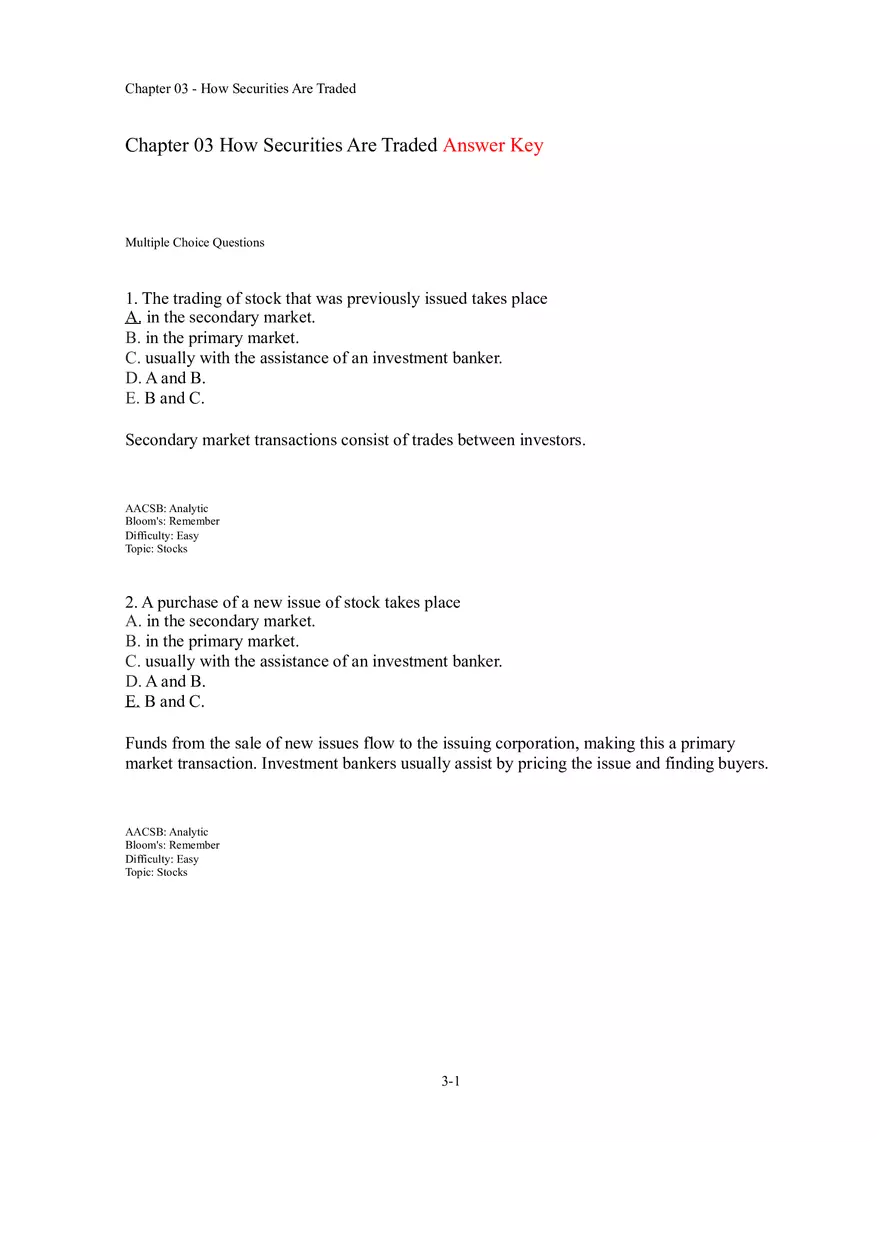 Chapter 03 How Securities Are Traded Answer Key Part 1 - Page 1