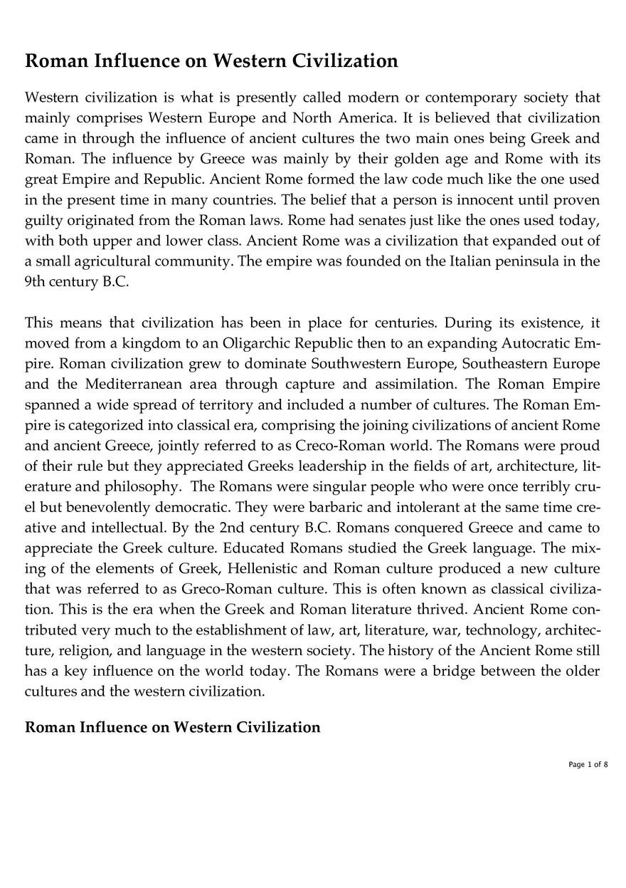 Roman Influence on Western Civilization - Page 1