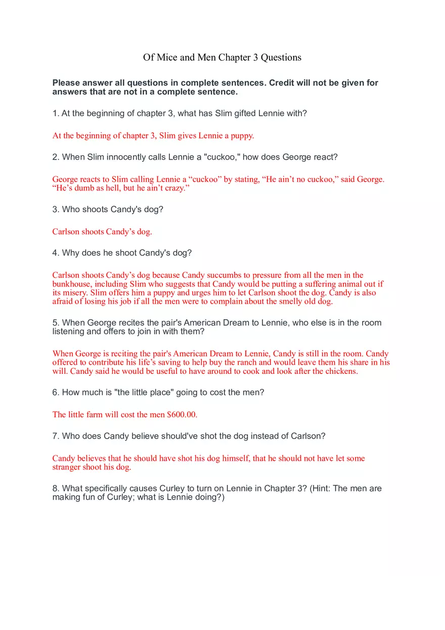 Of Mice and Men Chapter 3 Questions - Page 1