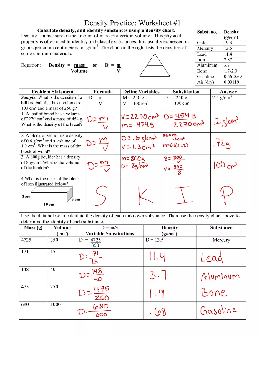 Density Practice Worksheet #1 - Page 1