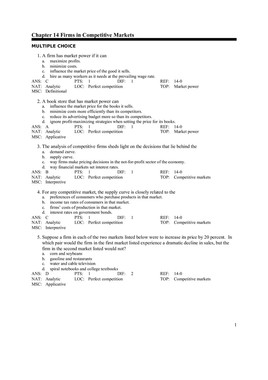 Chapter 14 Firms in Competitive Markets Multiple Choice - Page 1