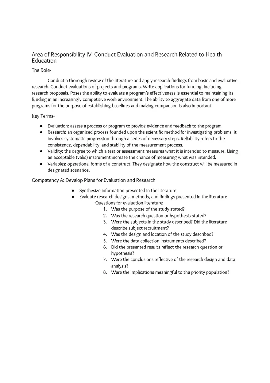 Area of Responsibility IV Conduct Evaluation and Research Related to Health Education - Page 1