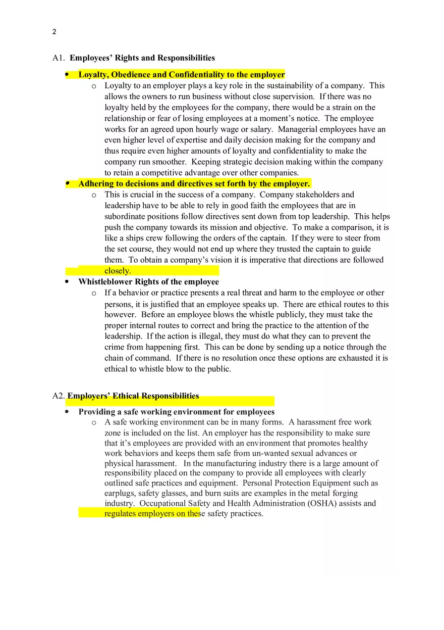 Employees’ Rights and Responsibilities and Employer’s Ethical Responsibilities - Page 2