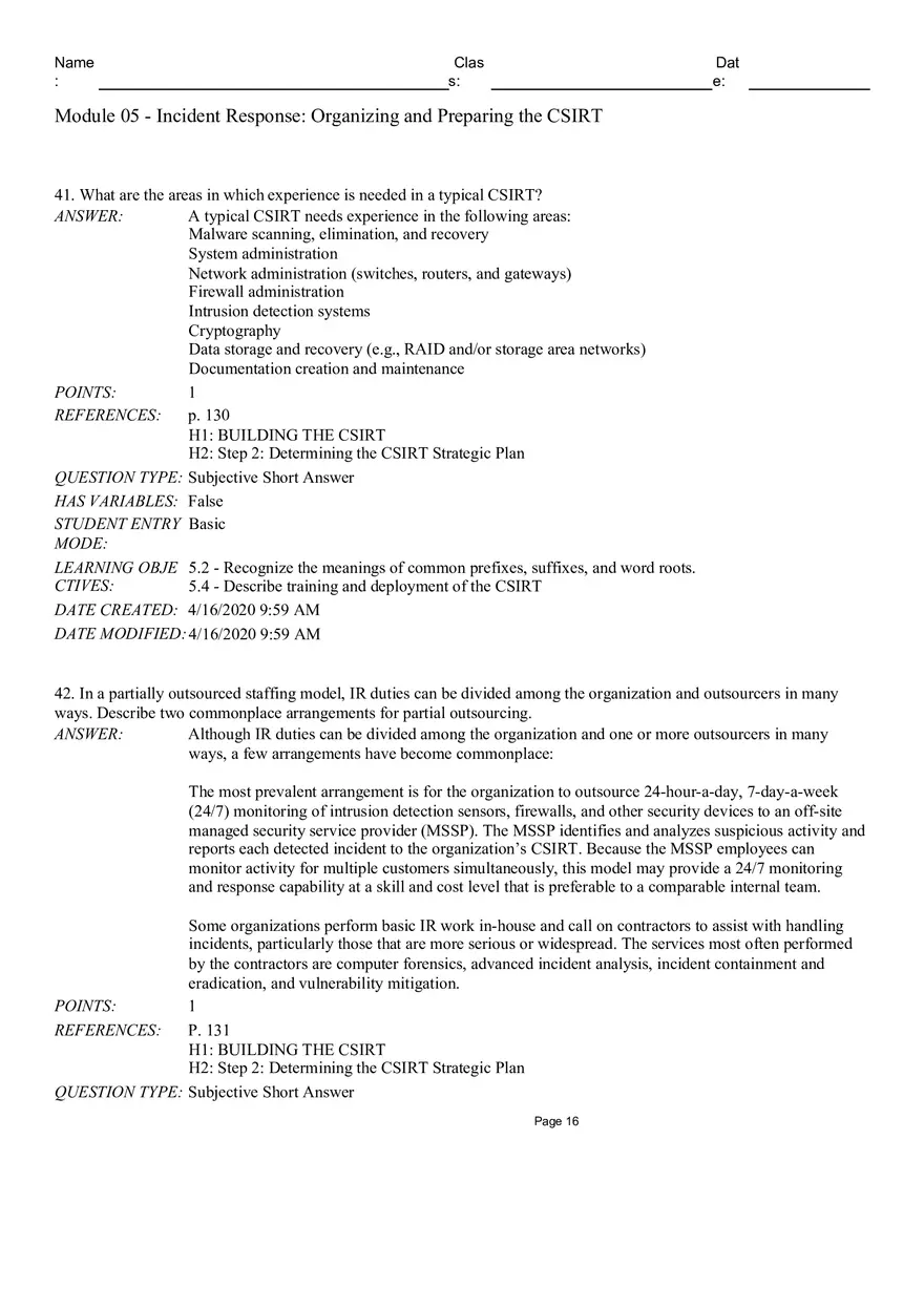 Incident Response Organizingand Preparing the CSIRT Short Answer - Page 1