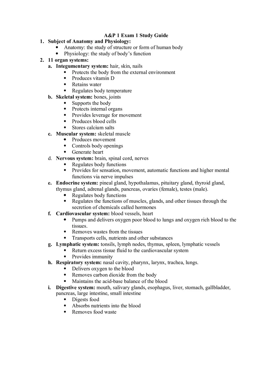 A&P 1 Exam 1 Study Guide - Page 1