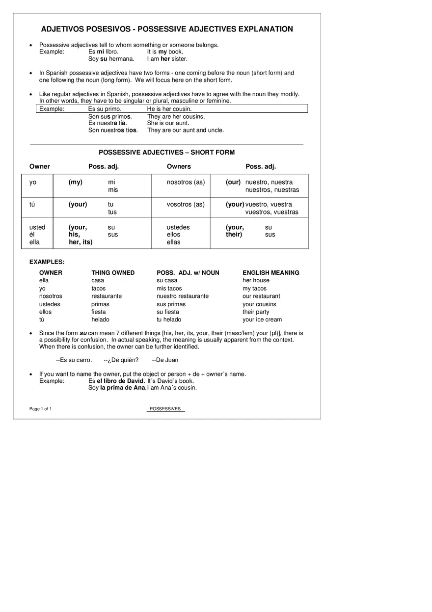 Adjetivos Posesivos – Possessive Adjectives Explanation - Page 1